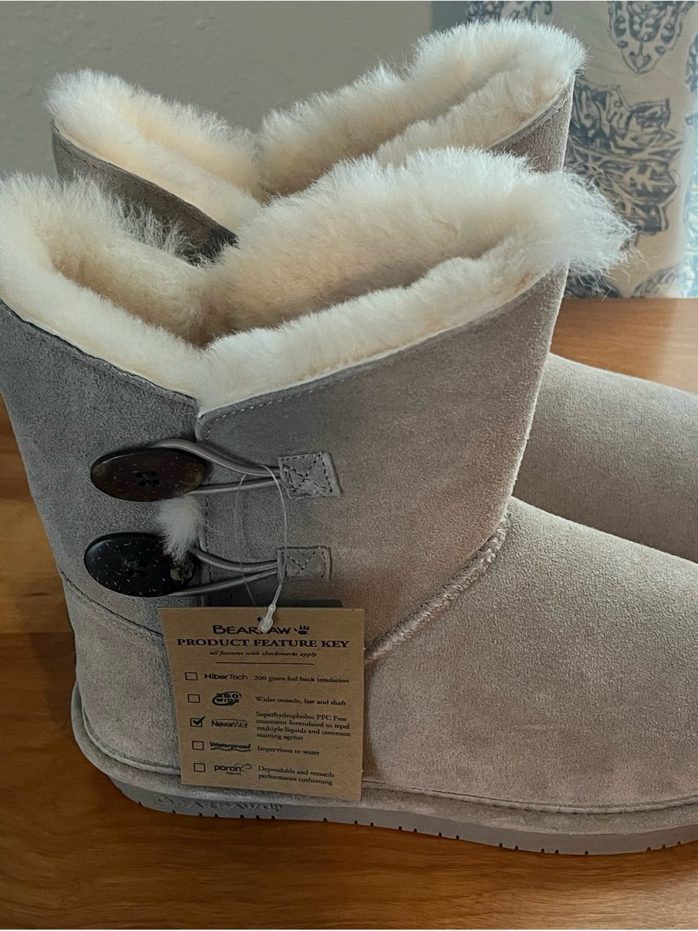 BearPaw Light Cream Suede Shearling Button Boot